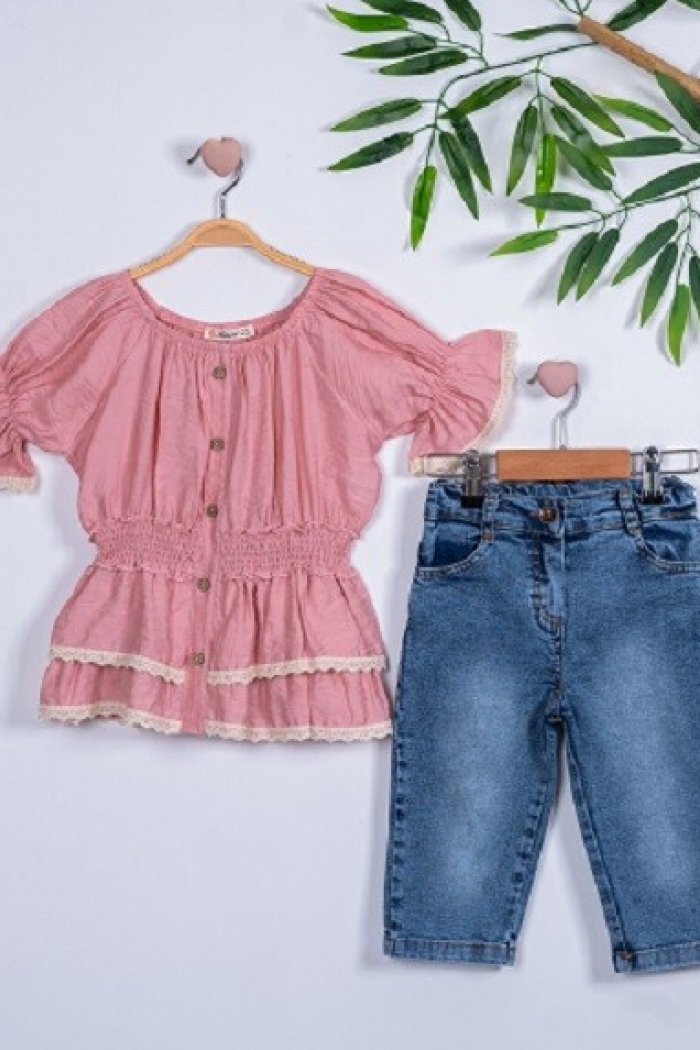 2-Piece Girl Set with Gimped Elastic Capri Jean 3-6Y - Producer: Büşra Bebe - Wholesale Kids & Baby Clothes From Turkey - TheBS Kids