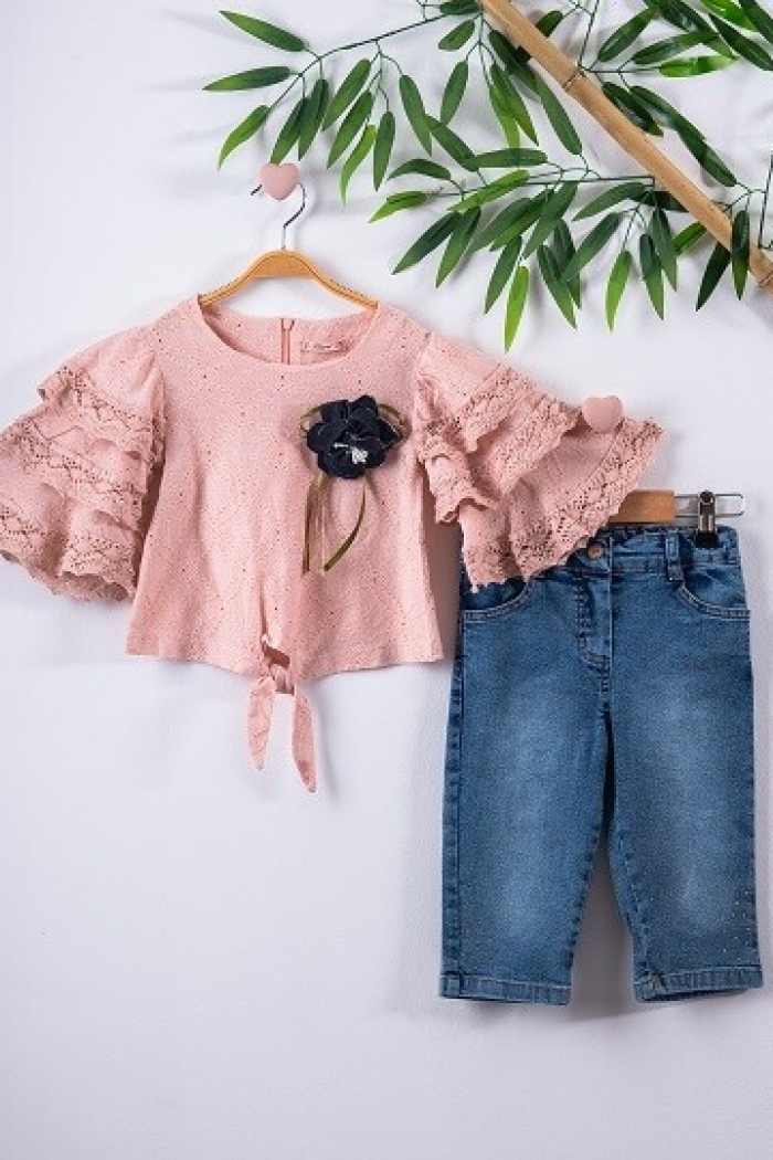 2-Piece Girl Set with Ruffled Blouse and Capri Jean 3-6Y - Producer: Büşra Bebe - Wholesale Kids & Baby Clothes From Turkey - TheBS Kids