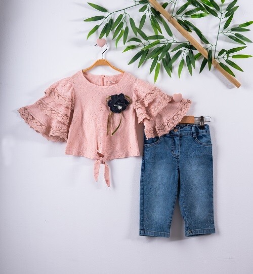 2-Piece Girl Set with Ruffled Blouse and Capri Jean 3-6Y - Producer: Büşra Bebe - Wholesale Kids & Baby Clothes From Turkey - TheBS Kids