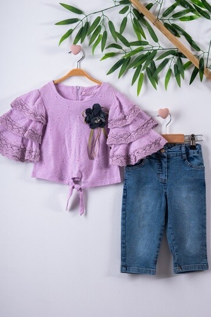 2-Piece Girl Set with Ruffled Blouse and Capri Jean 3-6Y - Producer: Büşra Bebe - Wholesale Kids & Baby Clothes From Turkey - TheBS Kids