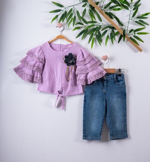 2-Piece Girl Set with Ruffled Blouse and Capri Jean 3-6Y - Producer: Büşra Bebe - Wholesale Kids & Baby Clothes From Turkey - TheBS Kids