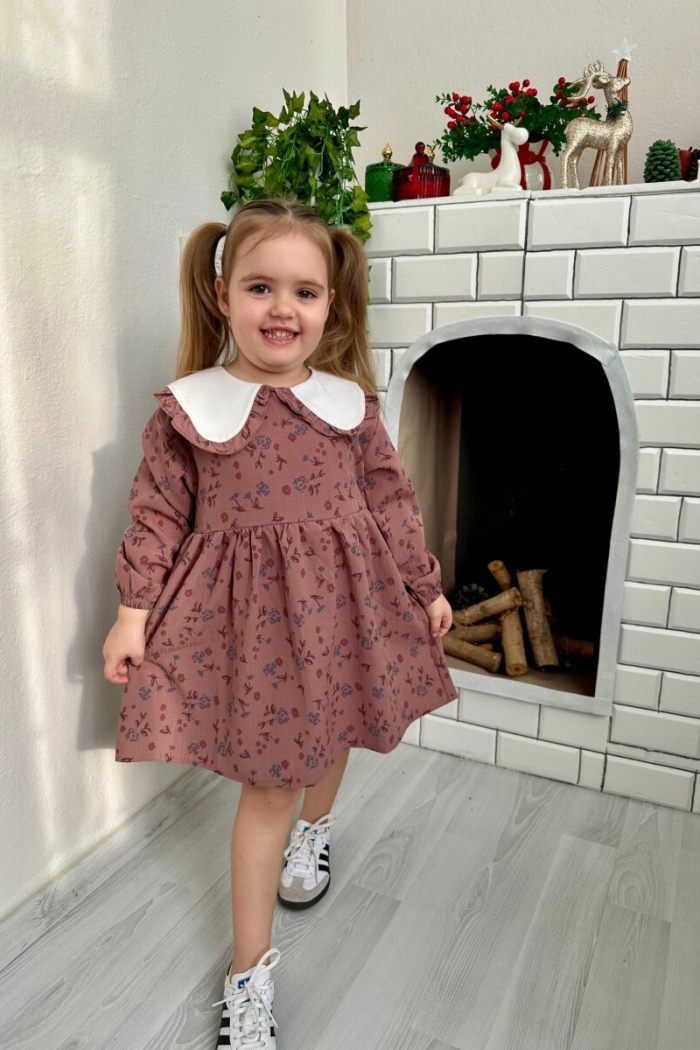 6-Piece White Oval Collar Floral Patterned Plum Dress 2-10Y - Producer: KidsRoom - Wholesale Kids & Baby Clothes From Turkey - TheBS Kids