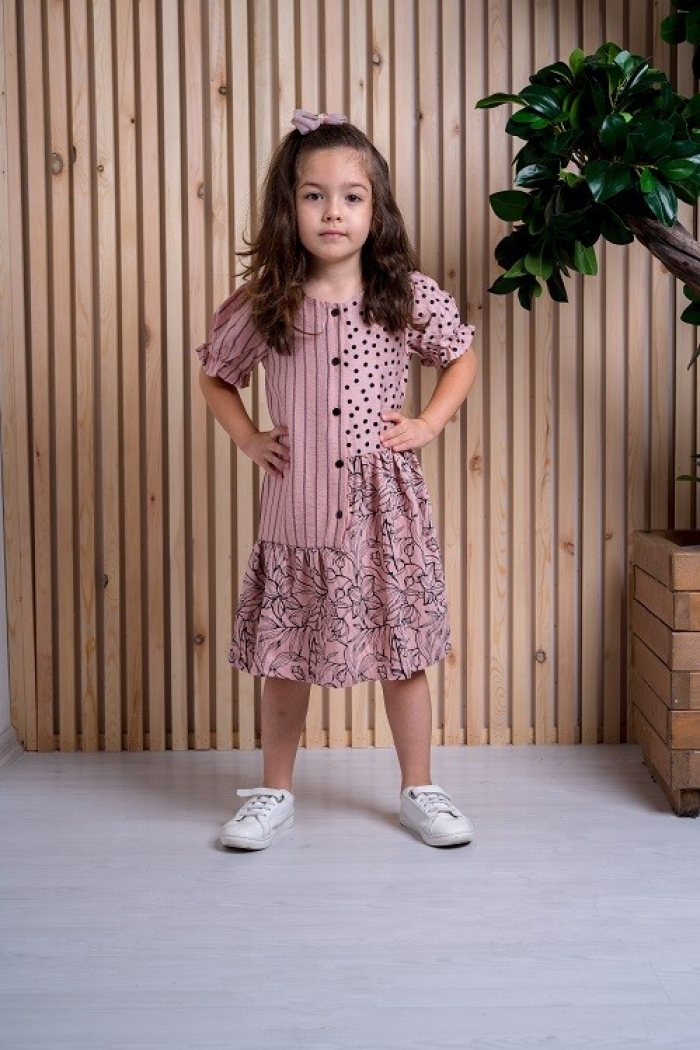 Girl Dress with Patchwork Ballon Sleeve 3-6Y - Producer: Büşra Bebe - Wholesale Kids & Baby Clothes From Turkey - TheBS Kids
