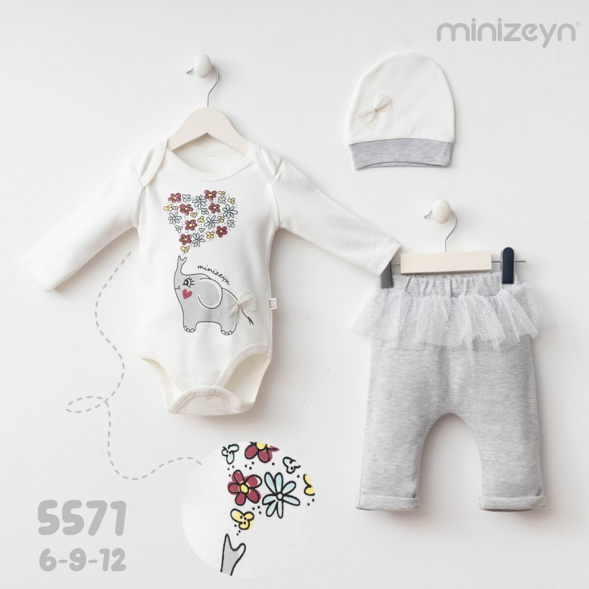 Wholesale Baby Girl 3-piece Bodysuit Pants and Hat Set 6-12M - Producer: Minizeyn - Wholesale Kids & Baby Clothes From Turkey - TheBS Kids
