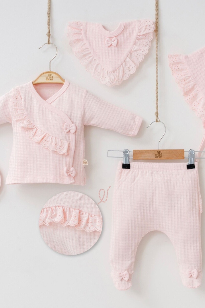 Wholesale Baby Girls Newborn 5-Piece Body Pants Bib Hat and Gloves Set 0-3M - Producer: Minizeyn - Wholesale Kids & Baby Clothes From Turkey - TheBS Kids