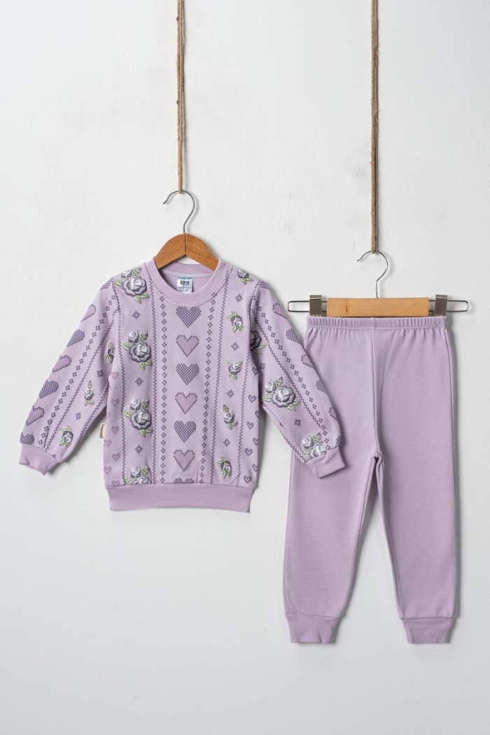 Wholesale Cross Stitch Hearts Embossed Printed 2 Piece Girl Set 2-4Y - Producer: Hoppidik - Wholesale Kids & Baby Clothes From Turkey - TheBS Kids