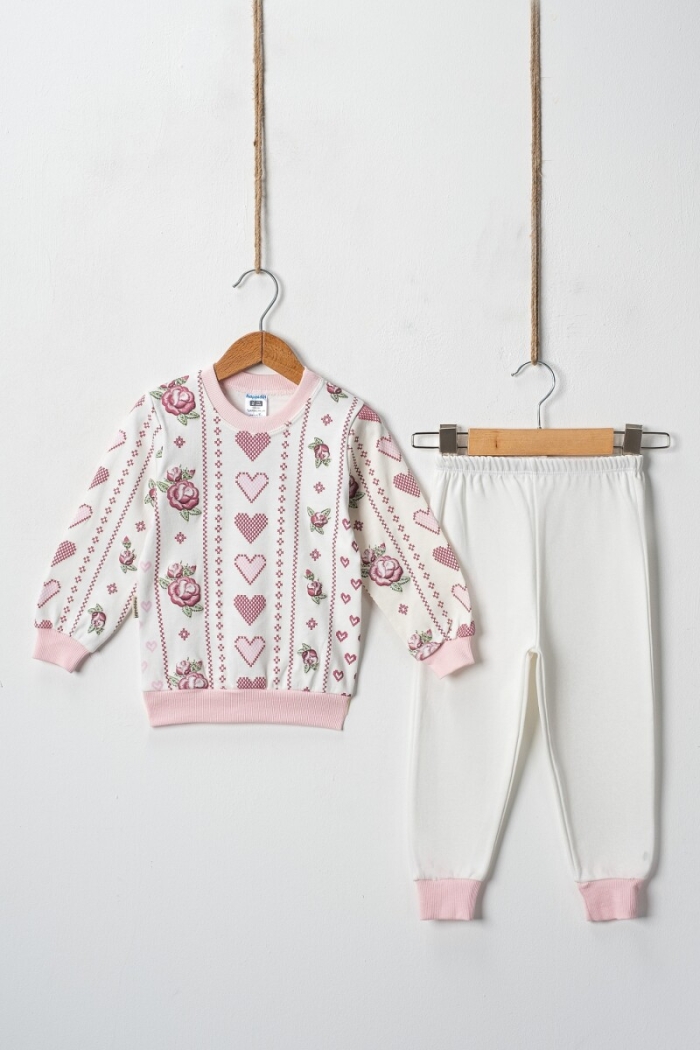 Wholesale Cross Stitch Hearts Embossed Printed 2 Piece Girl Set 2-4Y - Producer: Hoppidik - Wholesale Kids & Baby Clothes From Turkey - TheBS Kids