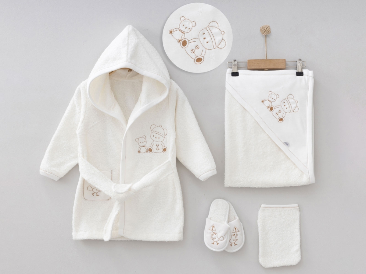 Newborn - B1 - Ayıcık Nakışlı 4lü Erkek Bornoz Set - Brand: ZIPIR - Kids & Bby Clothes From TheBS Kids Turkey