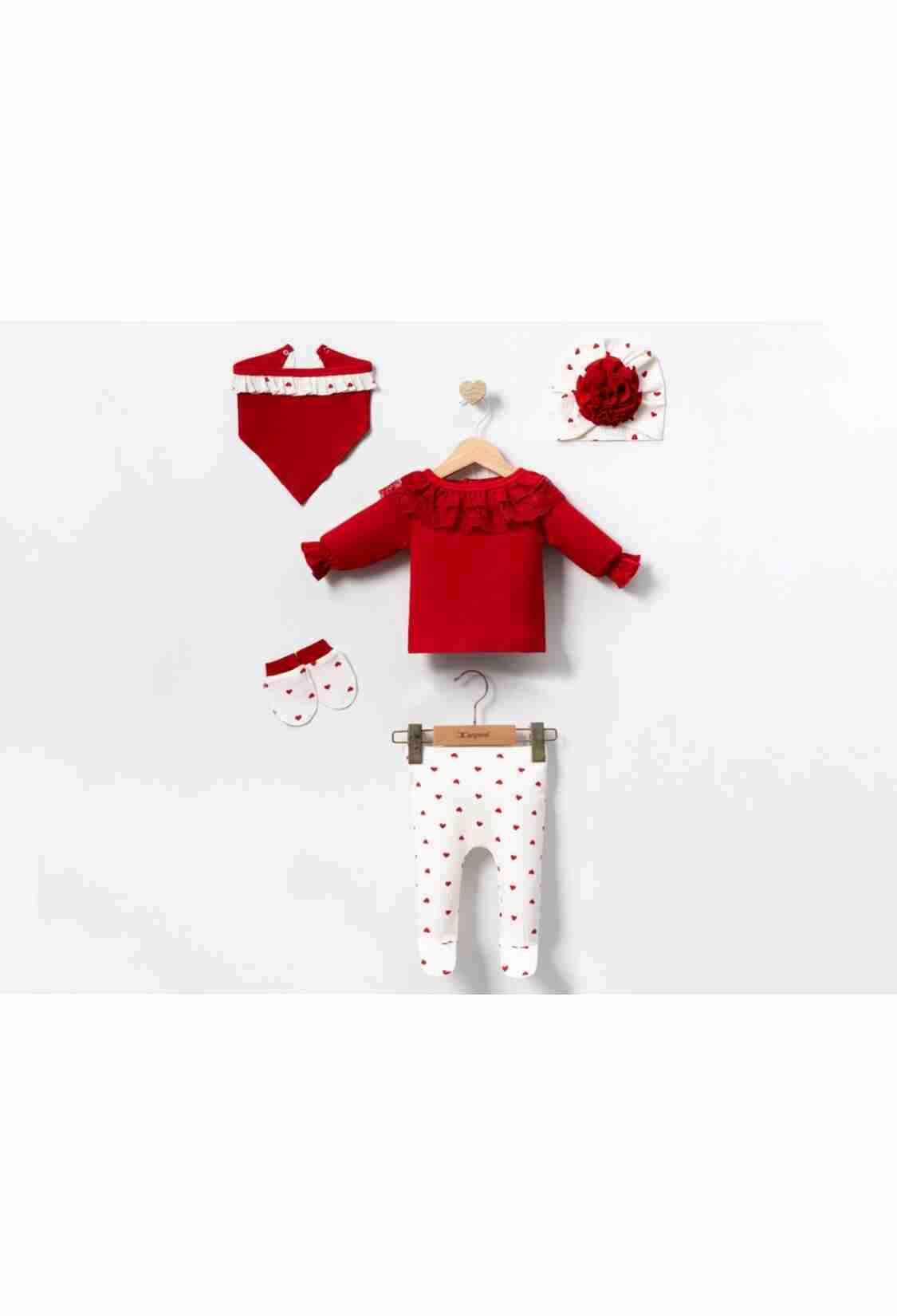 Newborn - B1 - Dantel Yaka Kalp Desenli 5li Kız Hastane Çıkışı Zıbın Set - Brand: CAYZEN - Kids & Bby Clothes From TheBS Kids Turkey