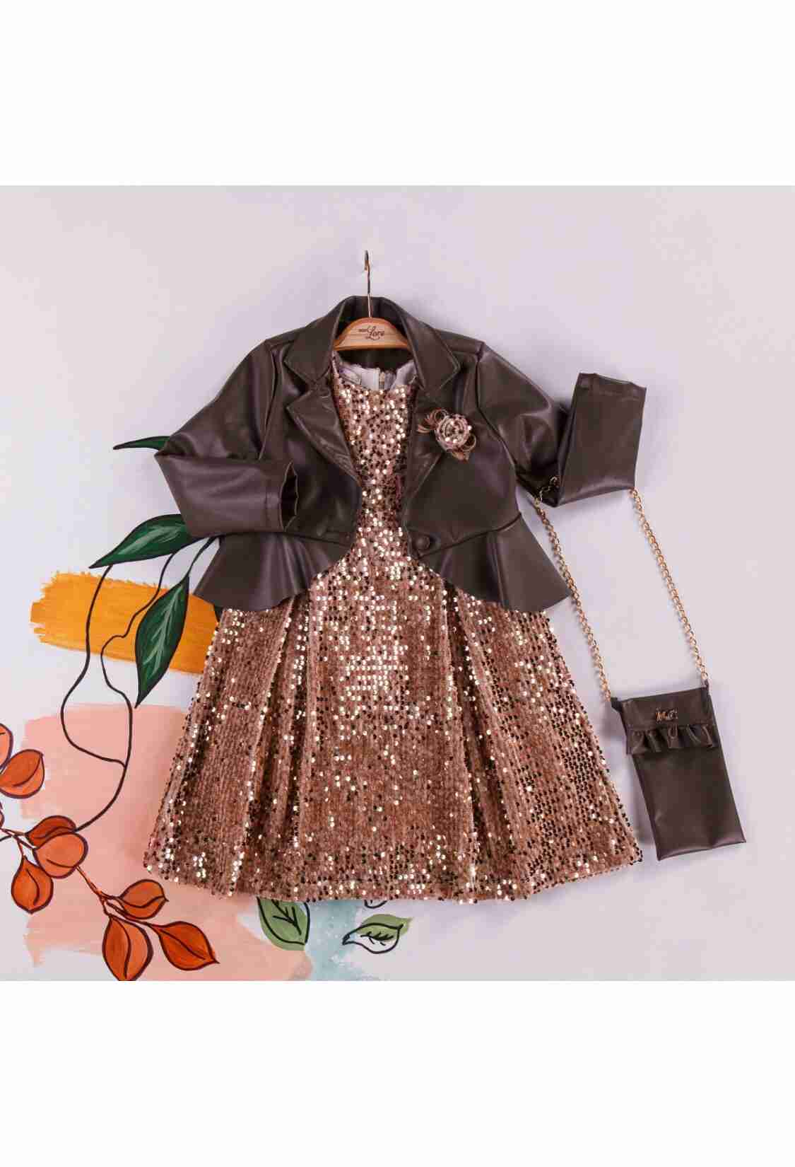 Girl's Dress - Deri Ceket Pullu Elbise Çantalı Takım 1055-5222 - Brand: Miss Lore - Kids & Bby Clothes From TheBS Kids Turkey