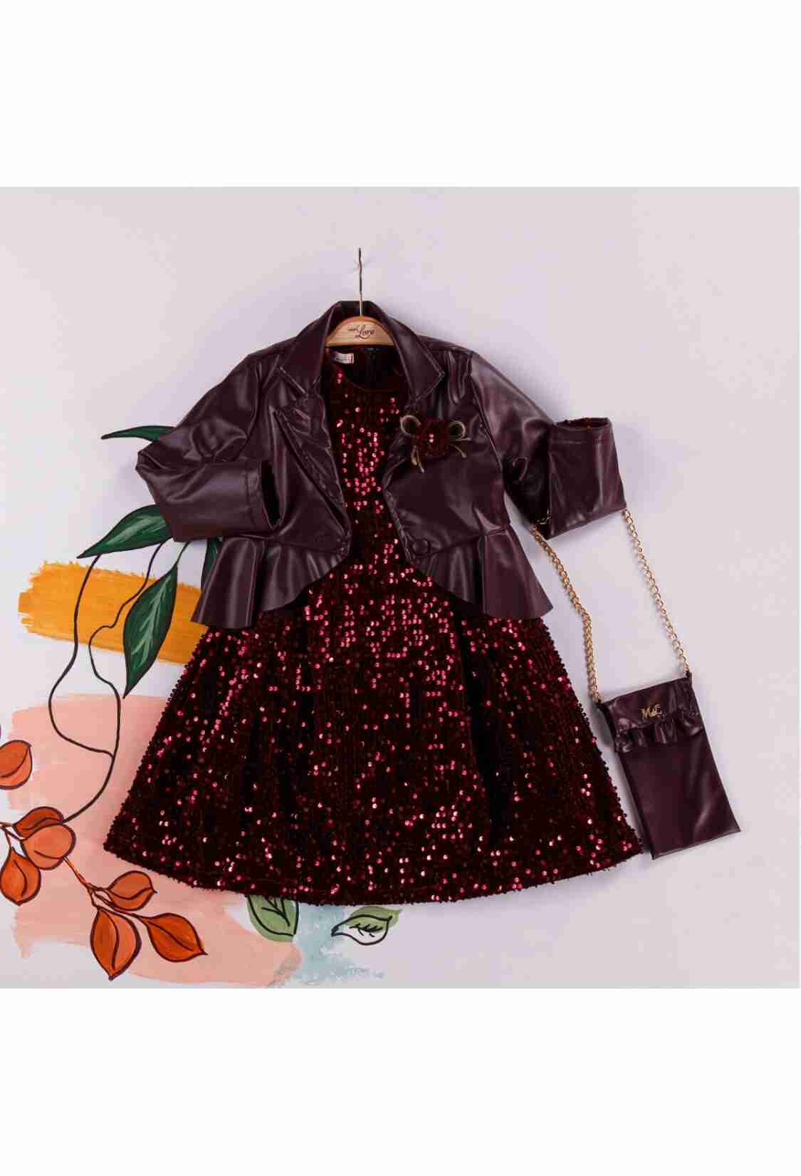 Girl's Dress - Deri Ceket Pullu Elbise Çantalı Takım 1055-5222 - Brand: Miss Lore - Kids & Bby Clothes From TheBS Kids Turkey