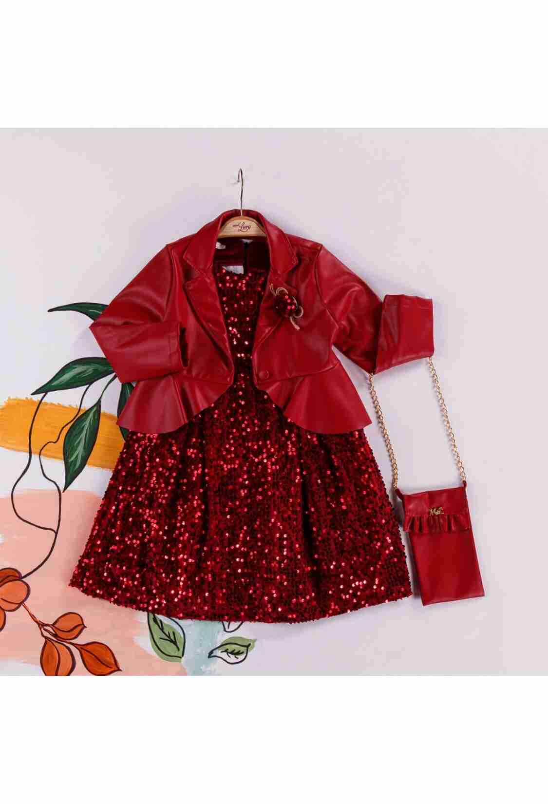 Girl's Dress - Deri Ceket Pullu Elbise Çantalı Takım 1055-5222 - Brand: Miss Lore - Kids & Bby Clothes From TheBS Kids Turkey