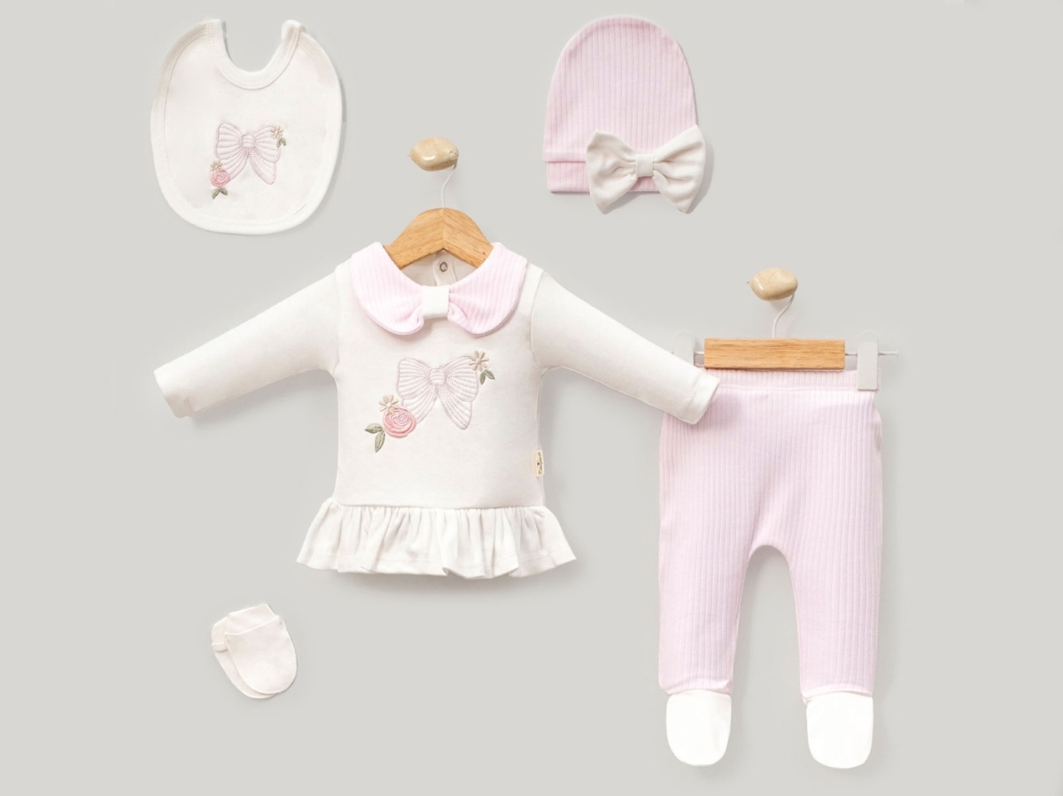 Newborn – B1 – Fiyonk Nakışlı 5li Kız Hastane Çıkışı Zıbın Set – Brand: CAYZEN – Kids & Bby Clothes From TheBS Kids Turkey