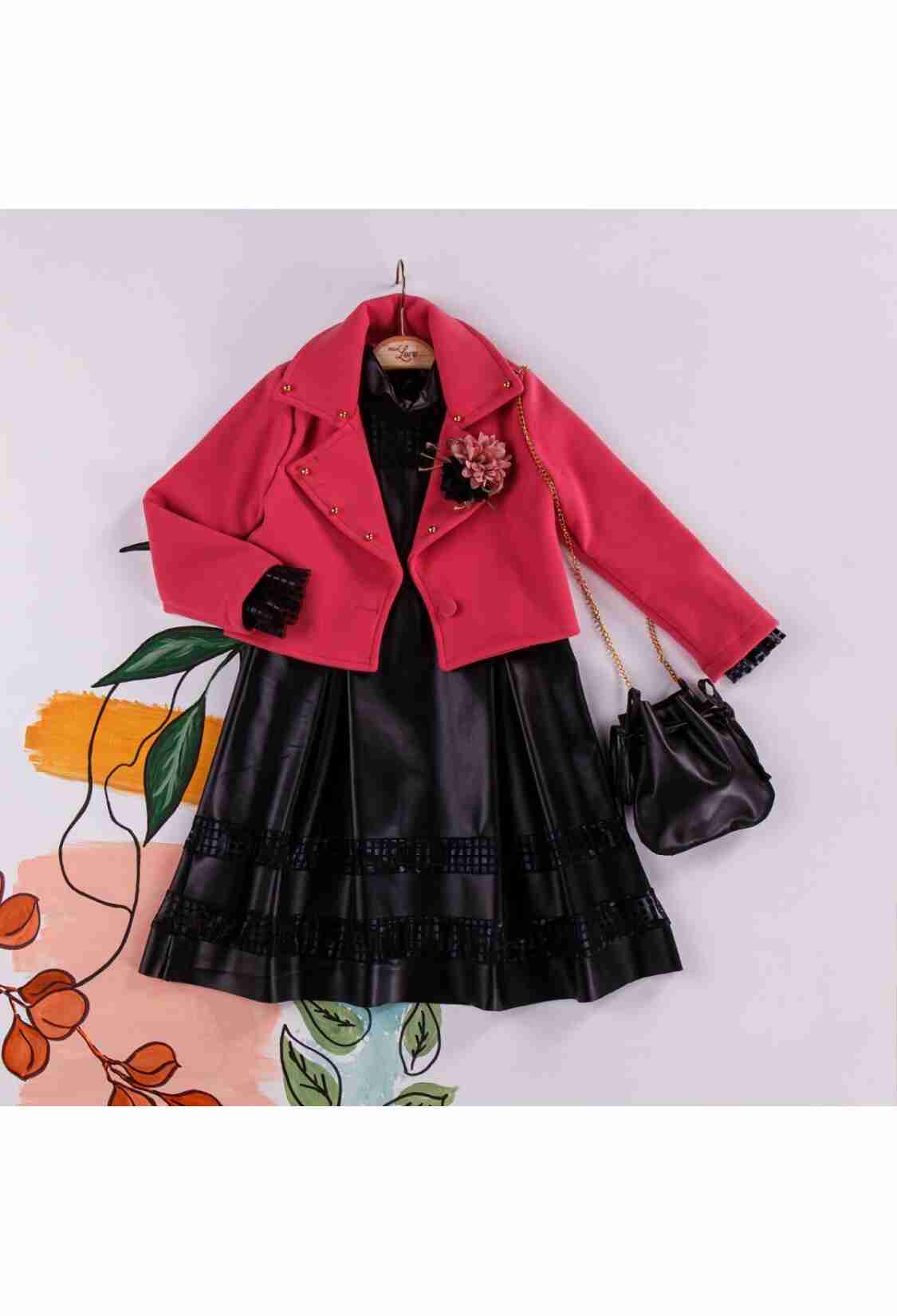 Girl's Dress - Kaşe Ceket Deri Elbise Çantalı Takım 1055-5220 - Brand: Miss Lore - Kids & Bby Clothes From TheBS Kids Turkey