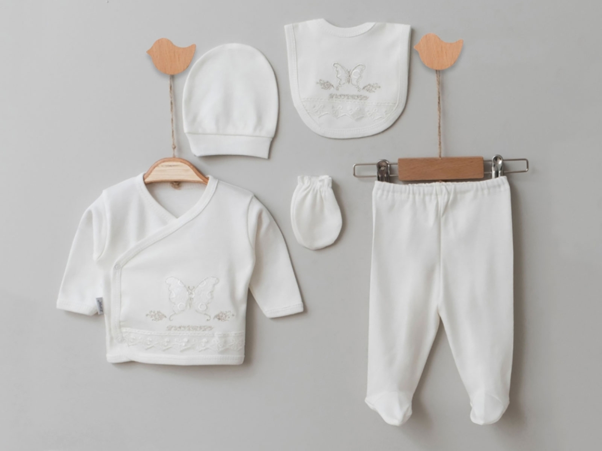 Newborn - B1 - Kelebek Nakışlı 5li Kız Hastane Çıkışı Zıbın Set - Brand: ZIPIR - Kids & Bby Clothes From TheBS Kids Turkey