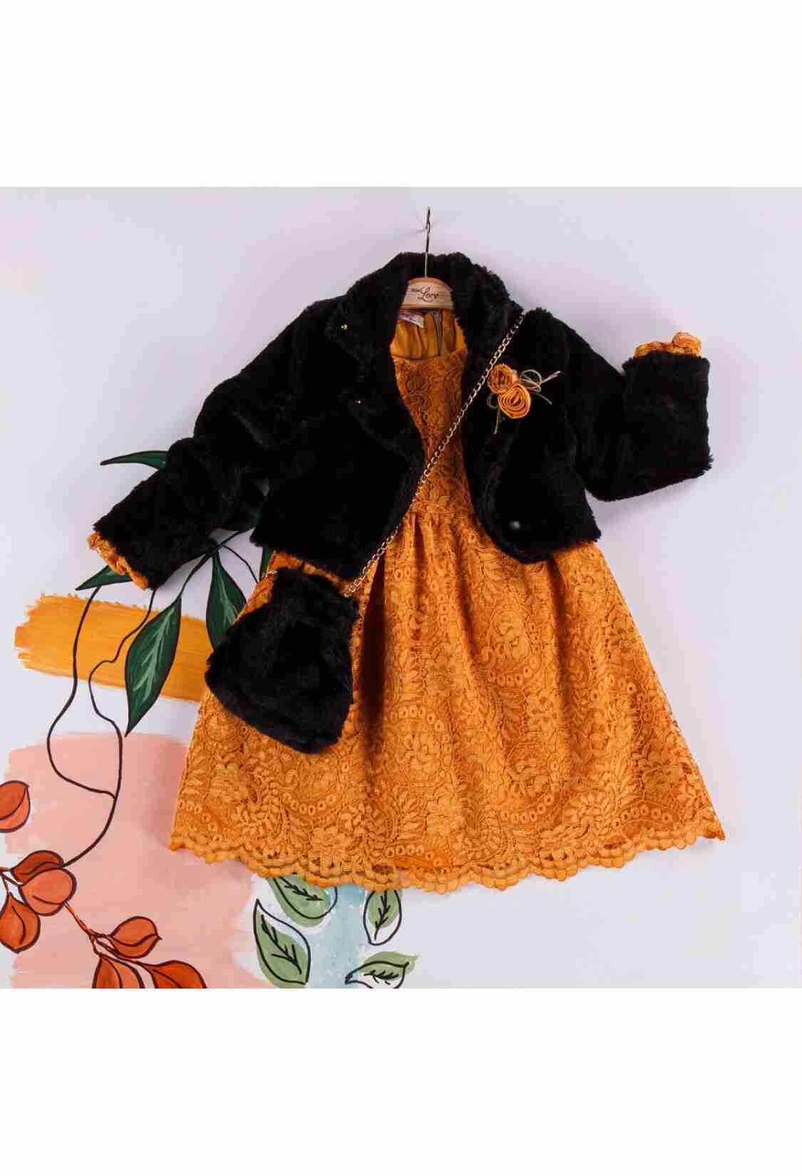 Girl's Dress - Kürk Ceket Dantel Elbise Çanta 1055-5215 - Brand: Miss Lore - Kids & Bby Clothes From TheBS Kids Turkey