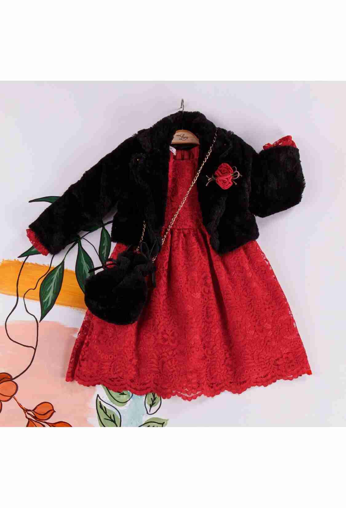 Girl's Dress - Kürk Ceket Dantel Elbise Çanta 1055-5215 - Brand: Miss Lore - Kids & Bby Clothes From TheBS Kids Turkey