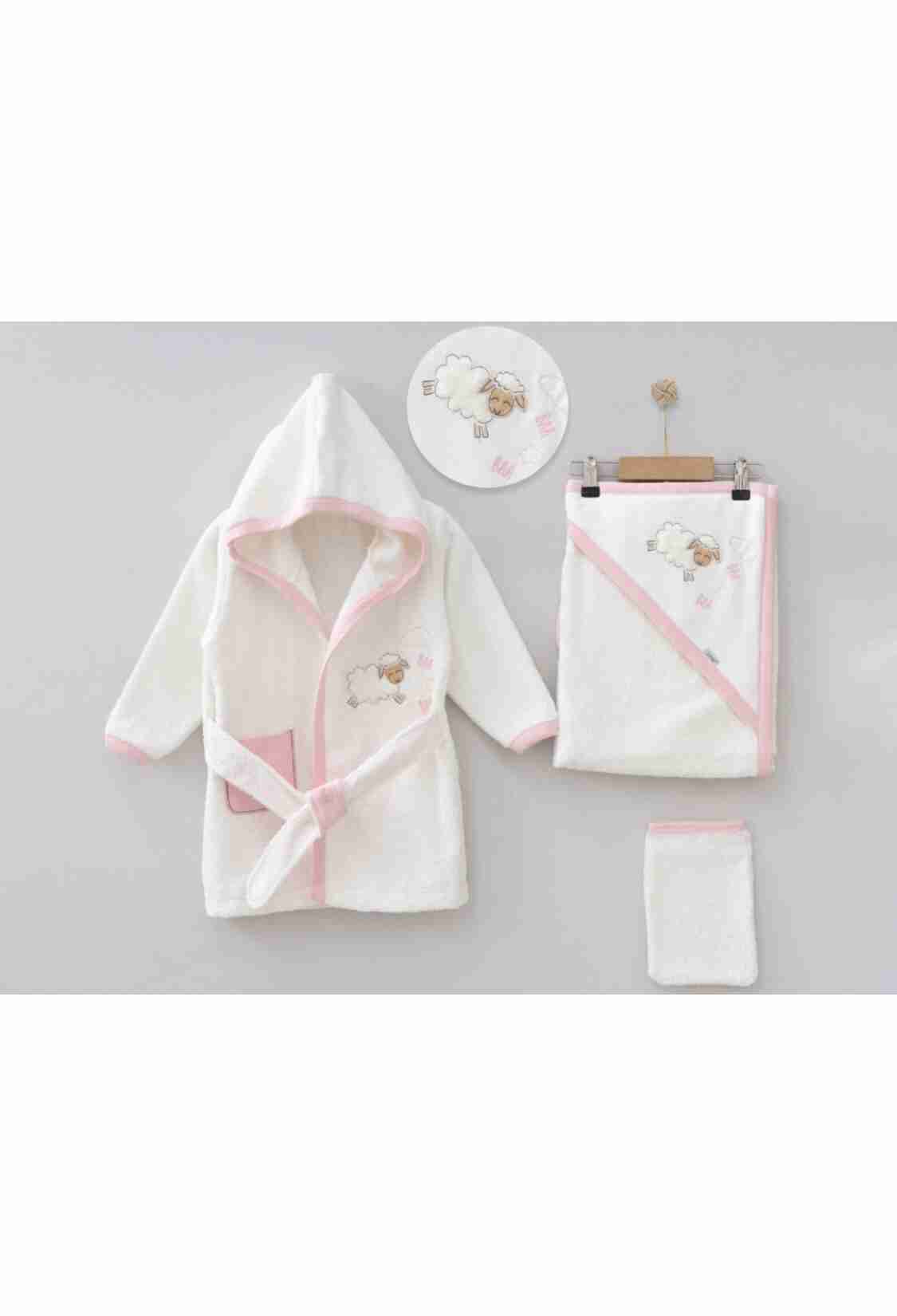 Newborn - B1 - Kuzu Nakışlı 4lü Unisex Bornoz Set - Brand: ZIPIR - Kids & Bby Clothes From TheBS Kids Turkey