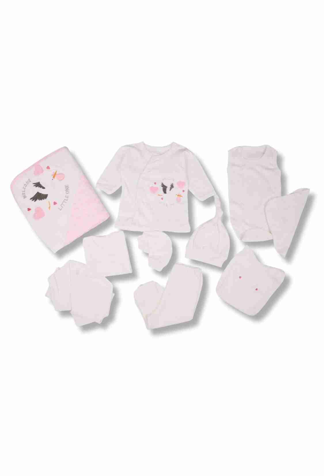 Newborn - B1 - Leylek Nakışlı Kız Bebe 10lu Hastane Çıkış Set - Brand: ZIPIR - Kids & Bby Clothes From TheBS Kids Turkey