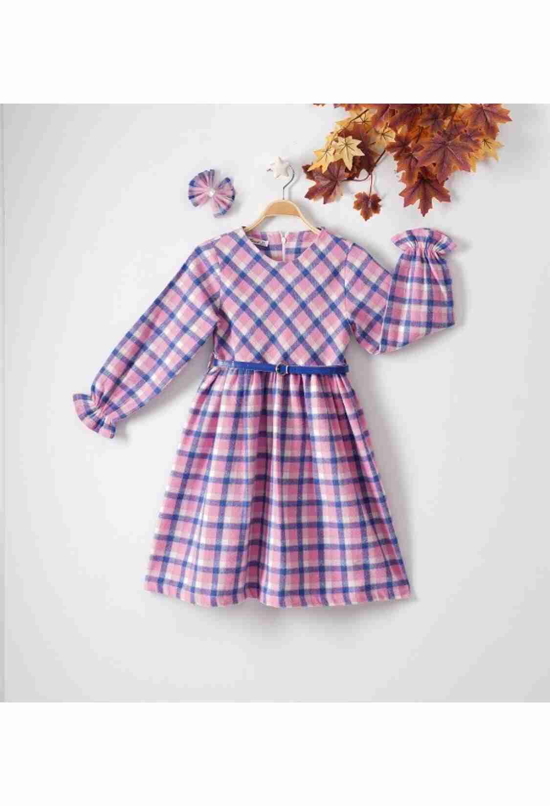 Girl's Dress - Saç Tokalı Ekose Elbise 1016-22280 - Brand: Büşra Bebe - Kids & Bby Clothes From TheBS Kids Turkey