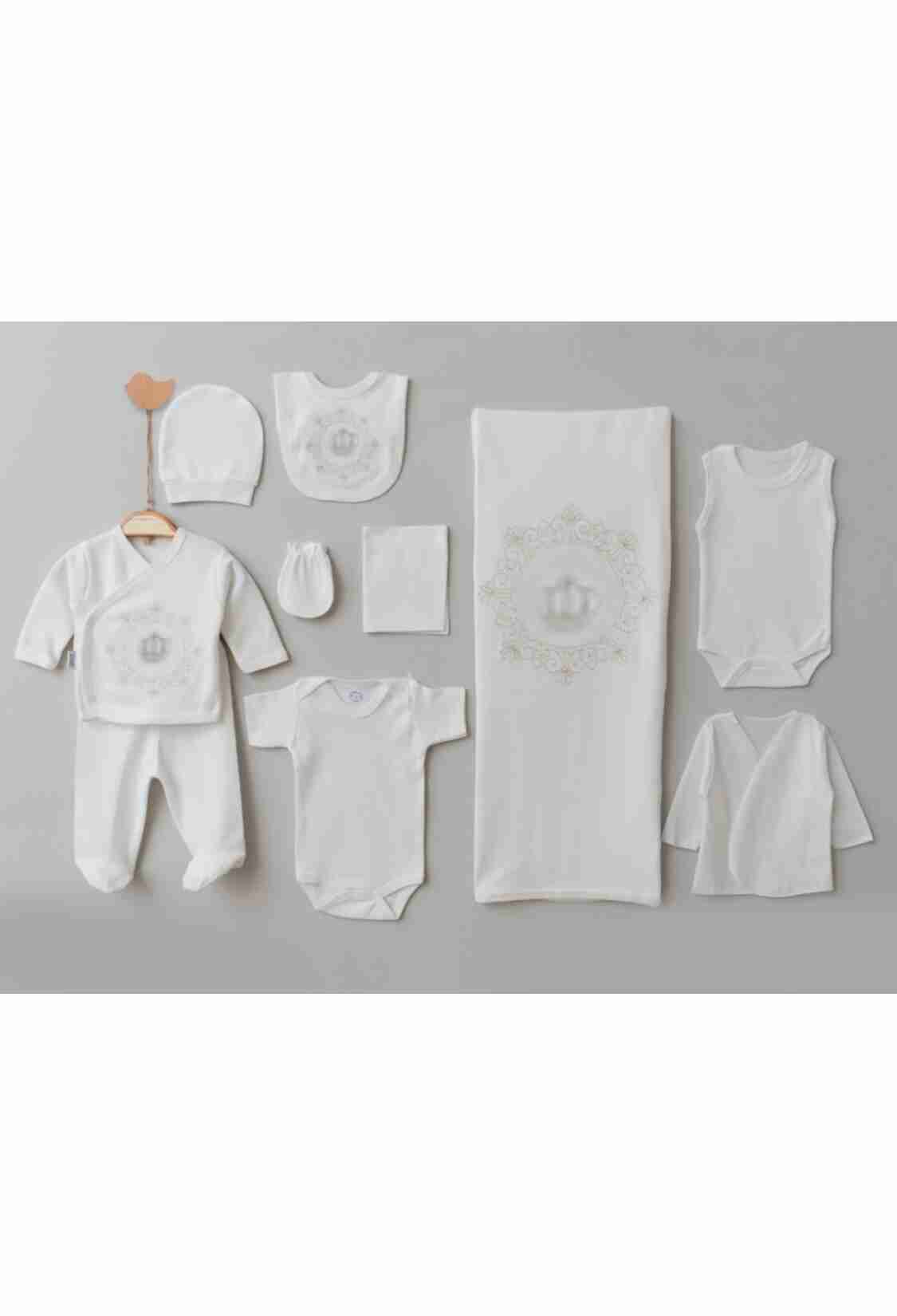Newborn - B1 - Taç Nakışlı 10lu Unisex Hastane Çıkışı Zıbın Set - Brand: ZIPIR - Kids & Bby Clothes From TheBS Kids Turkey
