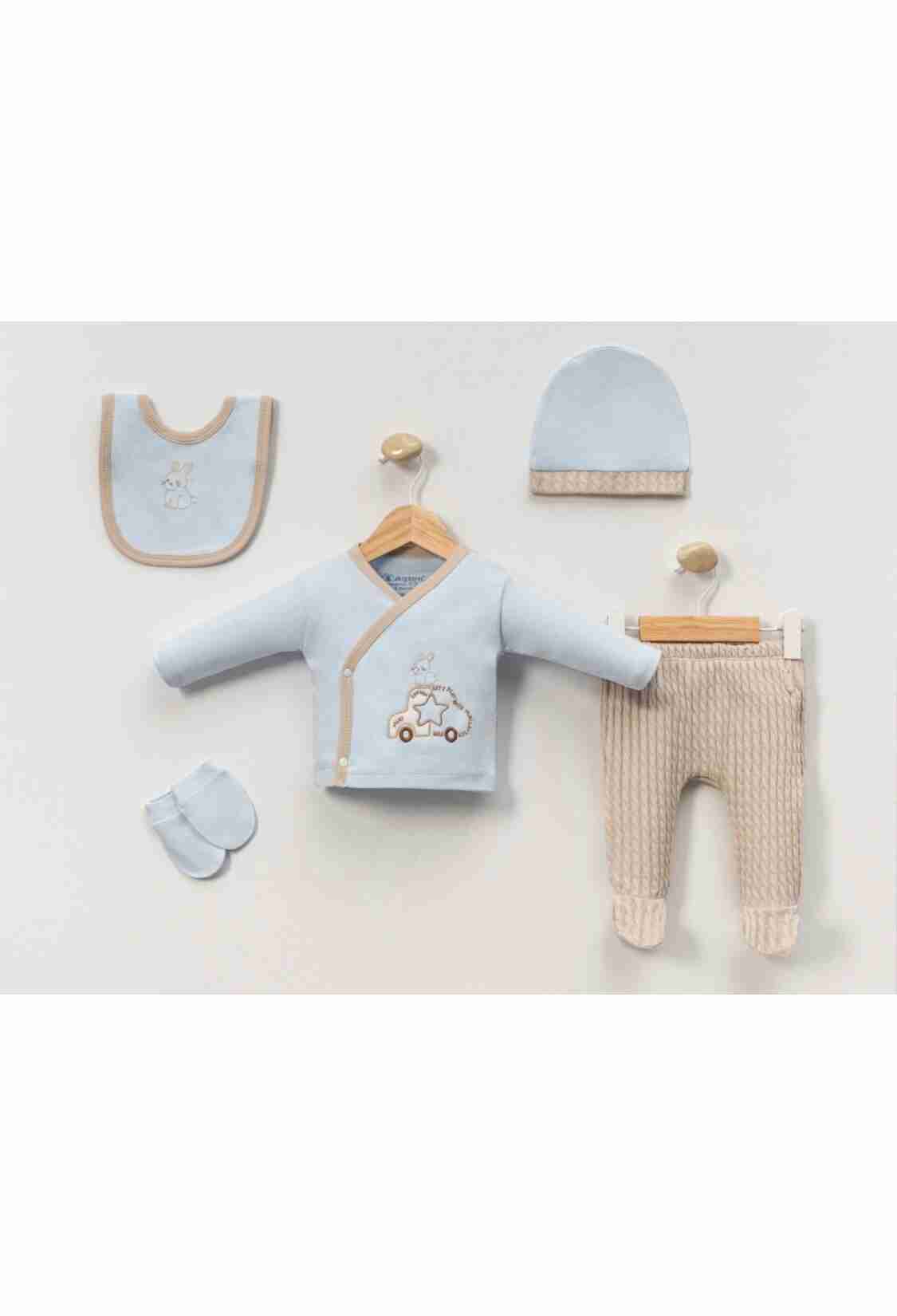 Newborn - B1 - Tavşan Nakışlı 5li Erkek Hastane Çıkışı Zıbın Set - Brand: CAYZEN - Kids & Bby Clothes From TheBS Kids Turkey