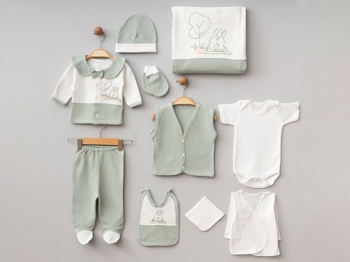 Newborn - B1 - Tavşan Nakışlı Erkek Bebe 10lü Hastane Çıkışı Set - Brand: ZIPIR - Kids & Bby Clothes From TheBS Kids Turkey