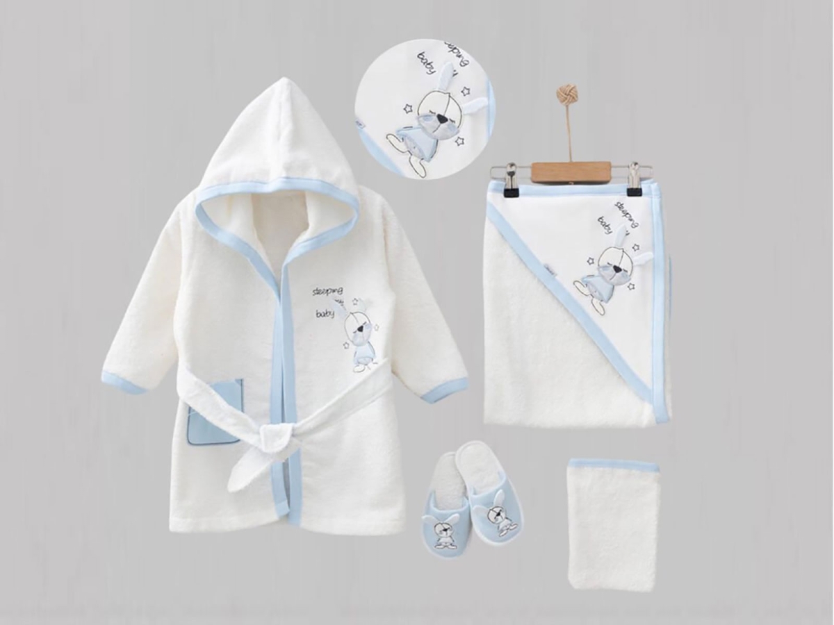 Newborn - B1 - Tavşan Nakışlı Unisex Bebe 5li Bornoz Set - Brand: ZIPIR - Kids & Bby Clothes From TheBS Kids Turkey