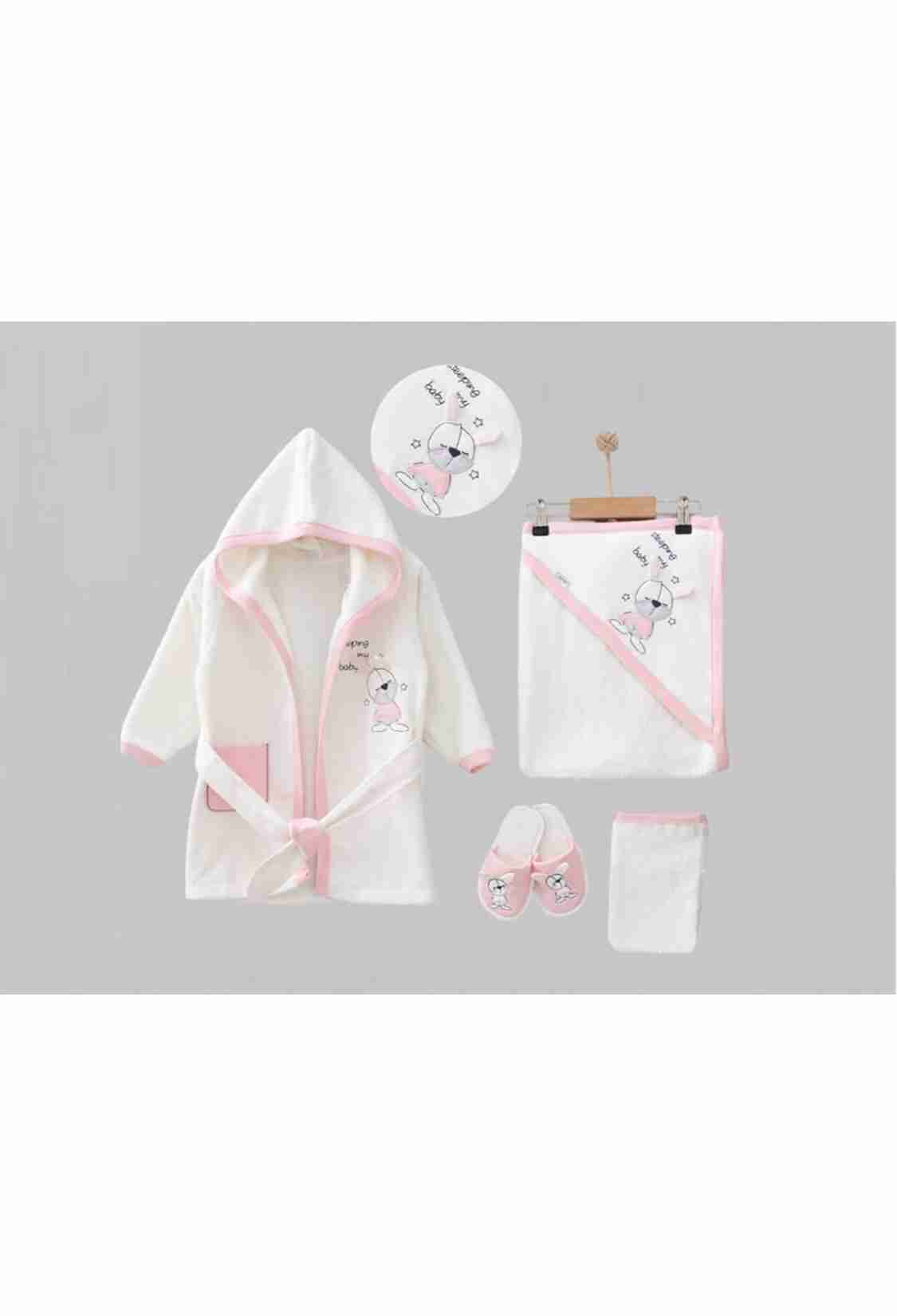 Newborn - B1 - Tavşan Nakışlı Unisex Bebe 5li Bornoz Set - Brand: ZIPIR - Kids & Bby Clothes From TheBS Kids Turkey