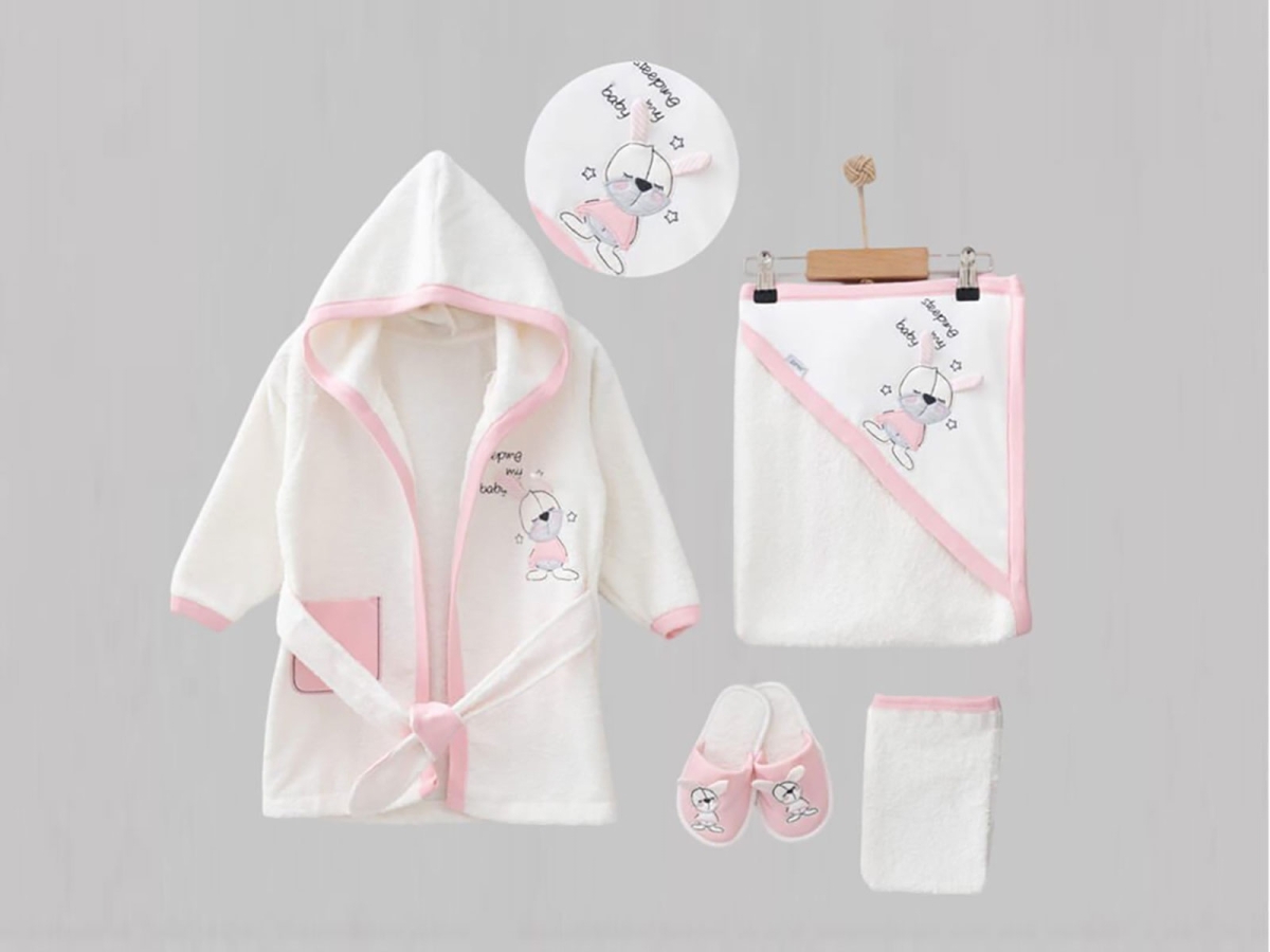 Newborn – B1 – Tavşan Nakışlı Unisex Bebe 5li Bornoz Set – Brand: ZIPIR – Kids & Bby Clothes From TheBS Kids Turkey