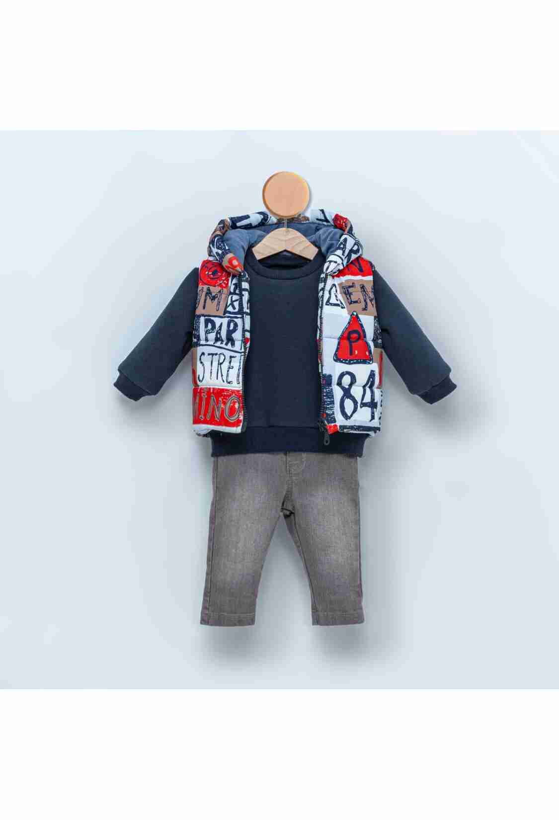 Baby Sets - Toptan Bebek 3'lü Yelek Sweatshirt ve Kot Pantolon Takım 9-24M 1014-CMN3375 - Brand: Cumino - Kids & Bby Clothes From TheBS Kids Turkey