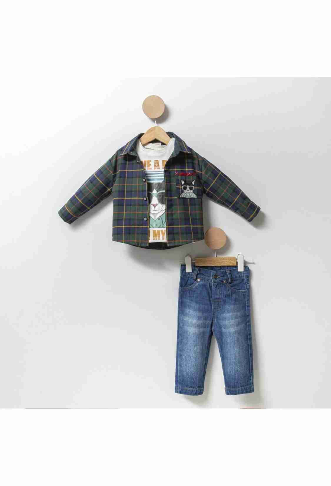 Baby Sets - Toptan Erkek Bebek 3'lü Gömlek T-shirt ve Kot Pantolon Takım 9-24M 1014-CMN3357 - Brand: Cumino - Kids & Bby Clothes From TheBS Kids Turkey