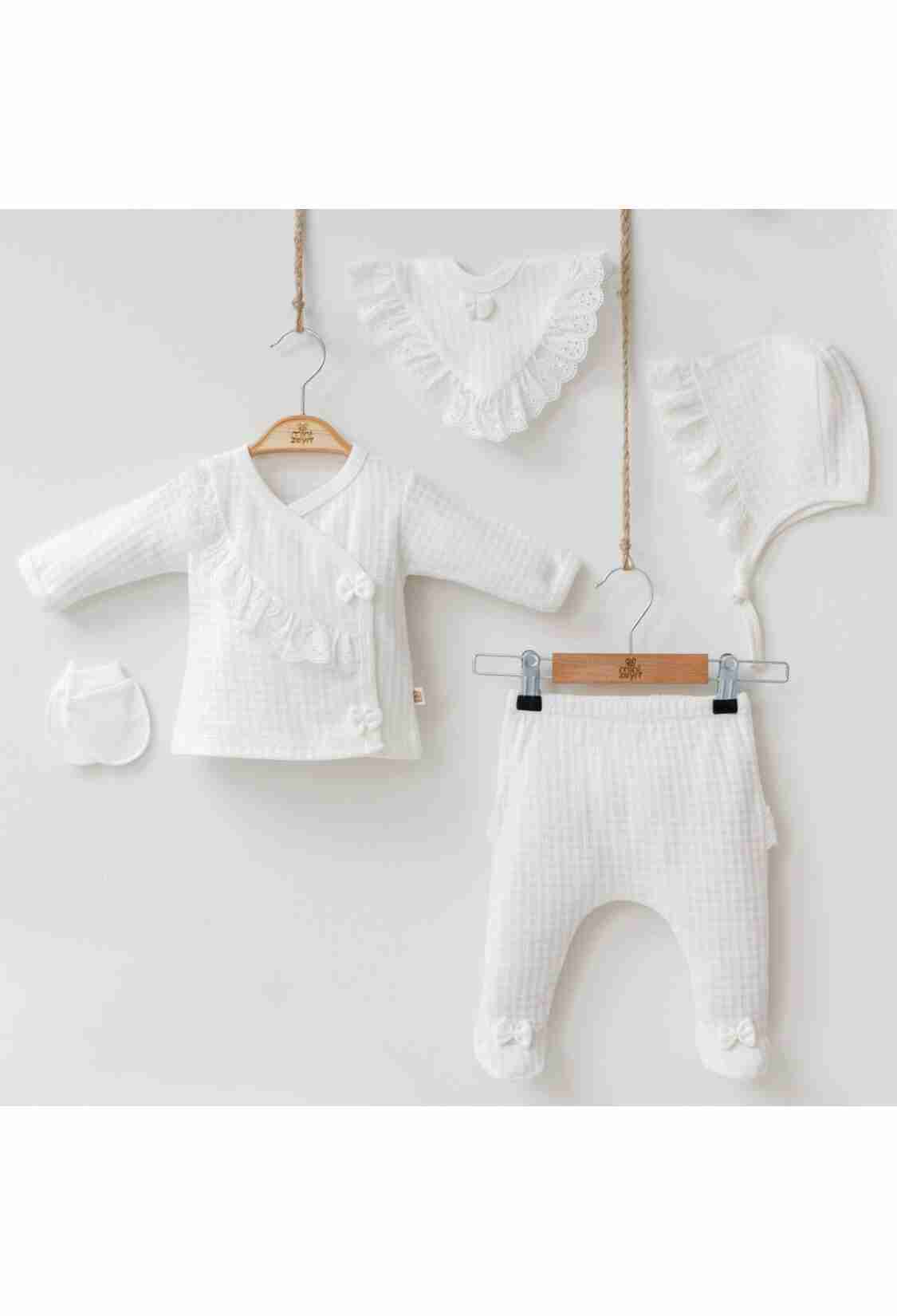 Newborn - Toptan Kız Bebek 5'li Yenidoğan Body Pantolon Önlük Şapka ve Eldiven Takım 0-3M 2014-7031 - Brand: Minizeyn - Kids & Bby Clothes From TheBS Kids Turkey
