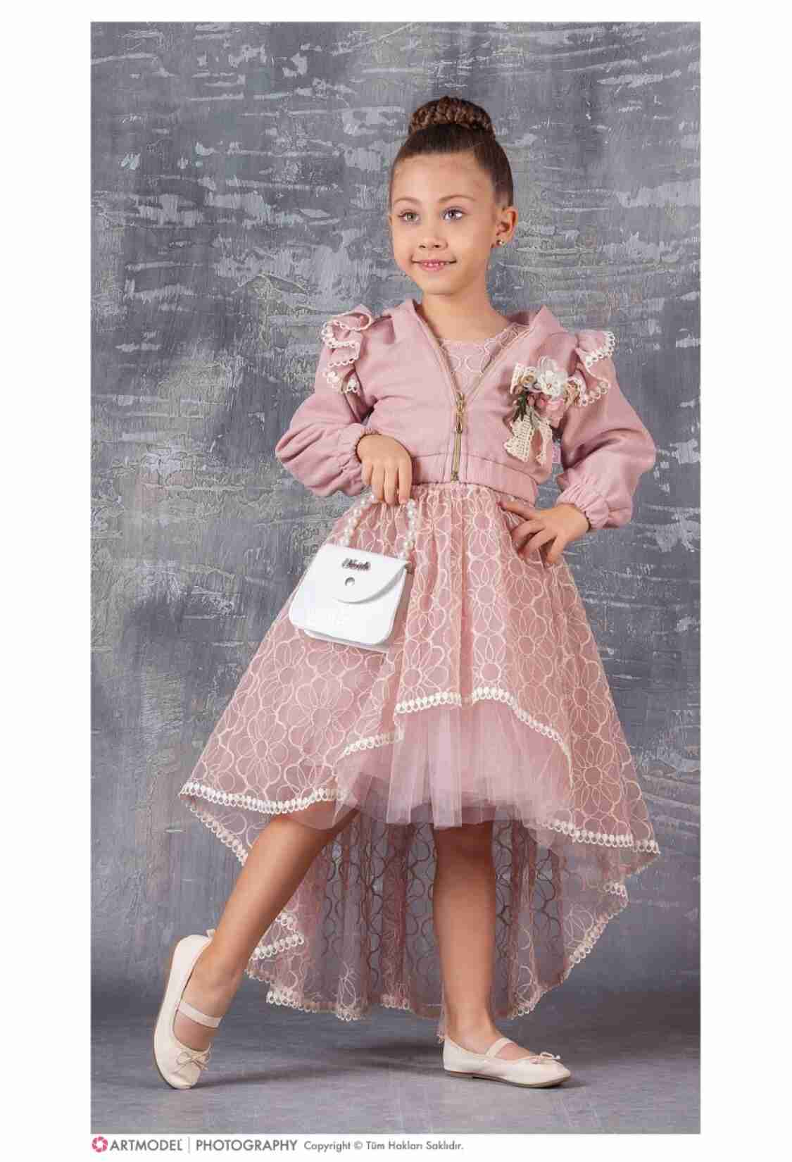 Girl's Dress - Toptan Kız Çocuk 3'lü Elbise Bolero ve Çanta Takım 6-12Y 1042-2357 - Brand: Tivido - Kids & Bby Clothes From TheBS Kids Turkey
