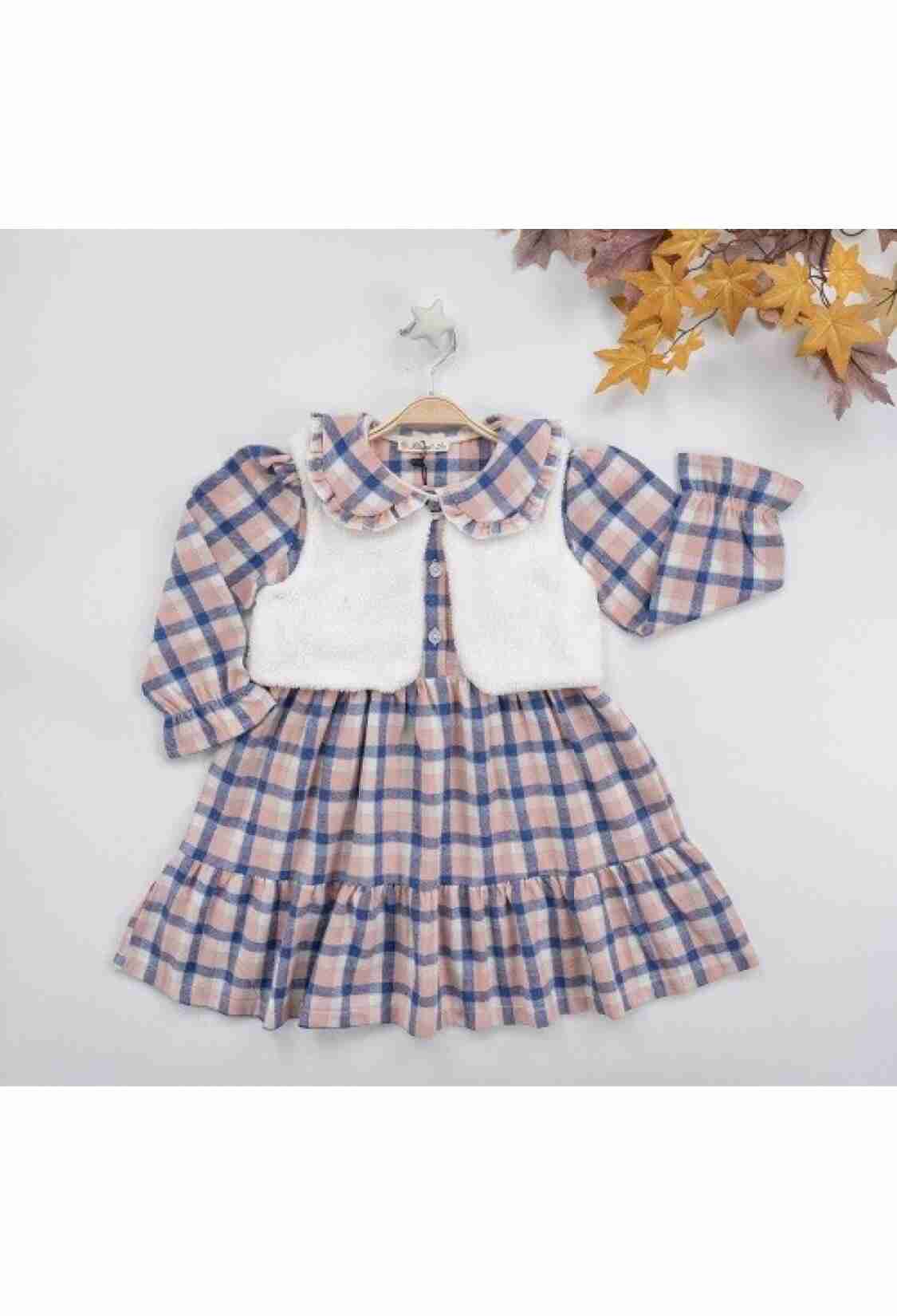 Girl's Dress - Velsoft Yelekli Ekose Elbise 1016-22278 - Brand: Büşra Bebe - Kids & Bby Clothes From TheBS Kids Turkey