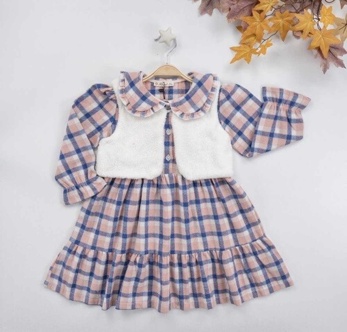 Girl's Dress - Velsoft Yelekli Ekose Elbise 1016-22278 - Brand: Büşra Bebe - Kids & Bby Clothes From TheBS Kids Turkey