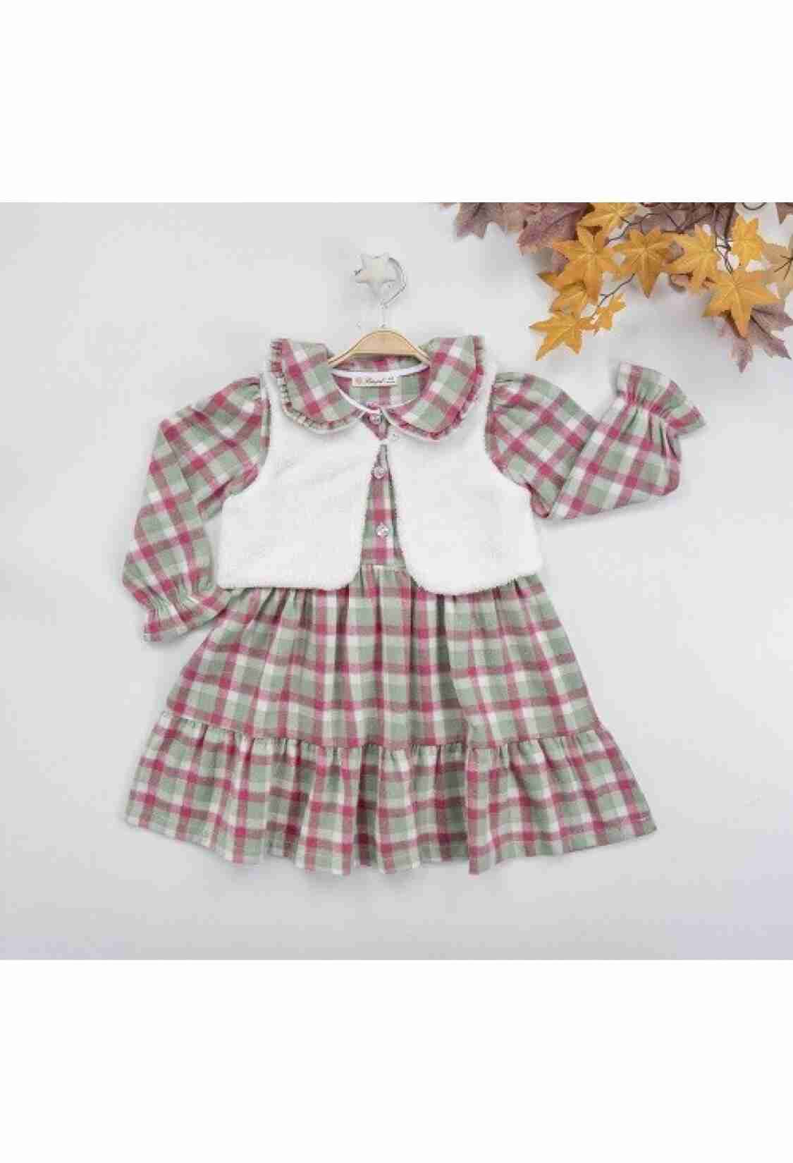 Girl's Dress - Velsoft Yelekli Ekose Elbise 1016-22278 - Brand: Büşra Bebe - Kids & Bby Clothes From TheBS Kids Turkey